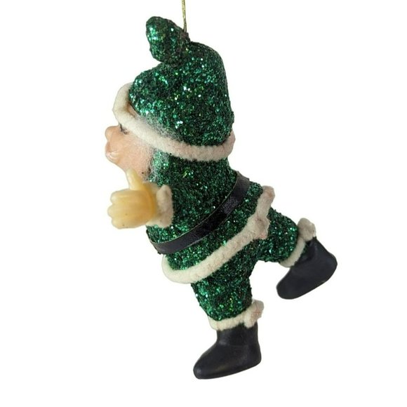Vintage Green Glitter Flocked Leprechaun Santa Claus and Plaid Heart Ornaments - Picture 6 of 8